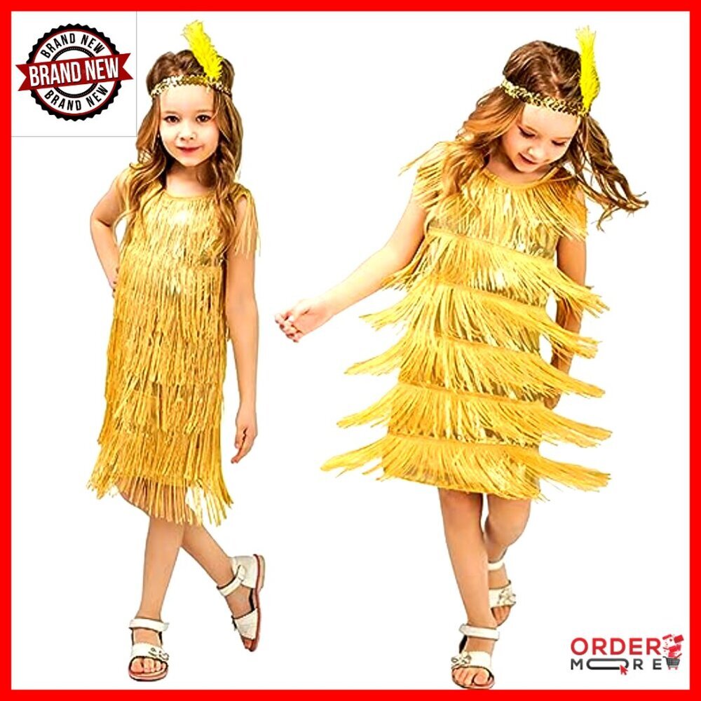Girls Sequin Tassel Fringe Flapper Dress Latin Dance Costume with Feather - Picture 3 of 3